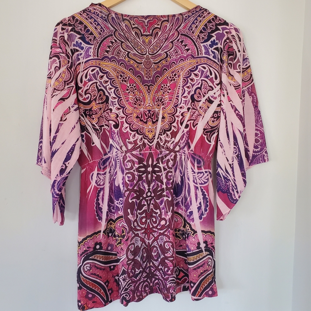 STARIALLE Sz S 3/4 Bell Sleeve Tunic Top Pink Purple V Neck Fairy Boho Hippie - Picture 12 of 14